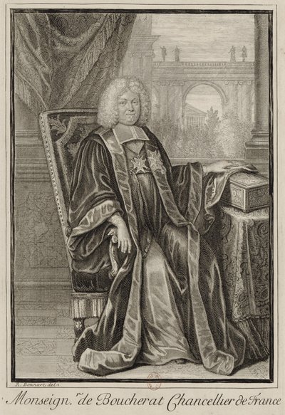 Porträt von Louis Boucherat in Kanzlerrobe, die Hand auf der Kassette der Siegel von Frankreich von Robert Bonnart